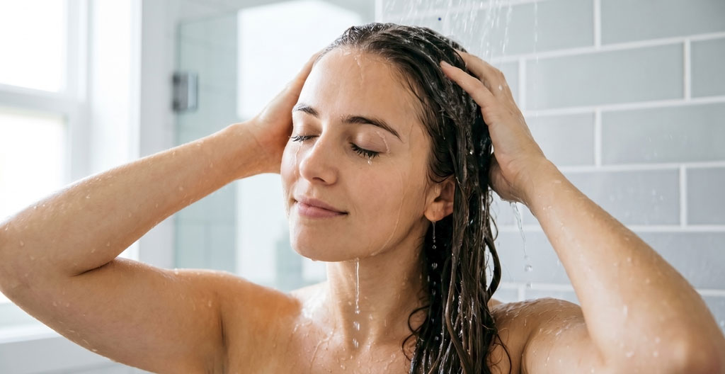 Femme de dos sous la douche, cheveux mouillés en cours de rinçage abondant avec eau claire coulant, mains effectuant geste de rinçage, carrelage clair et lumière naturelle
