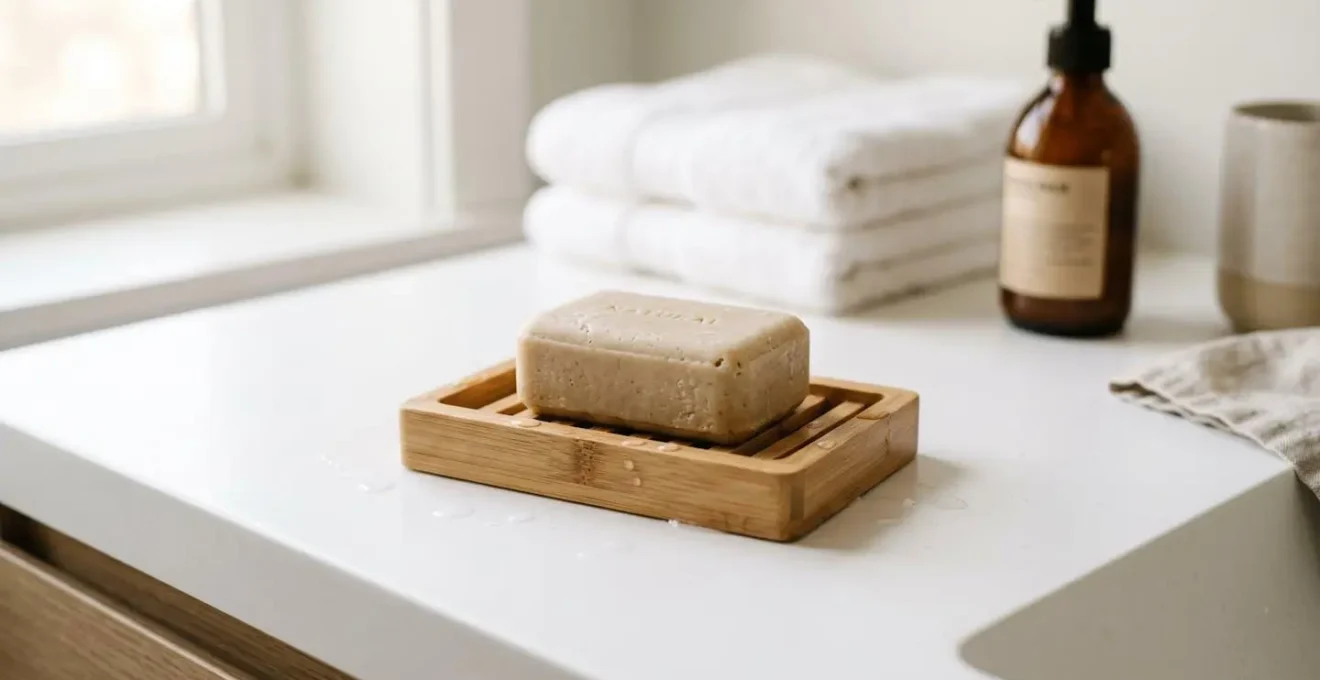 Shampooing solide artisanal beige posé sur porte-savon en bambou drainant, sur comptoir de salle de bain blanc minimaliste avec gouttes d'eau, lumière naturelle douce, arrière-plan flou avec serviettes blanches