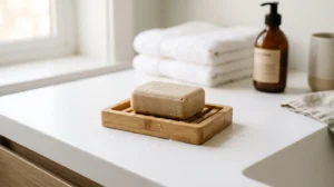 Shampooing solide artisanal beige posé sur porte-savon en bambou drainant, sur comptoir de salle de bain blanc minimaliste avec gouttes d'eau, lumière naturelle douce, arrière-plan flou avec serviettes blanches