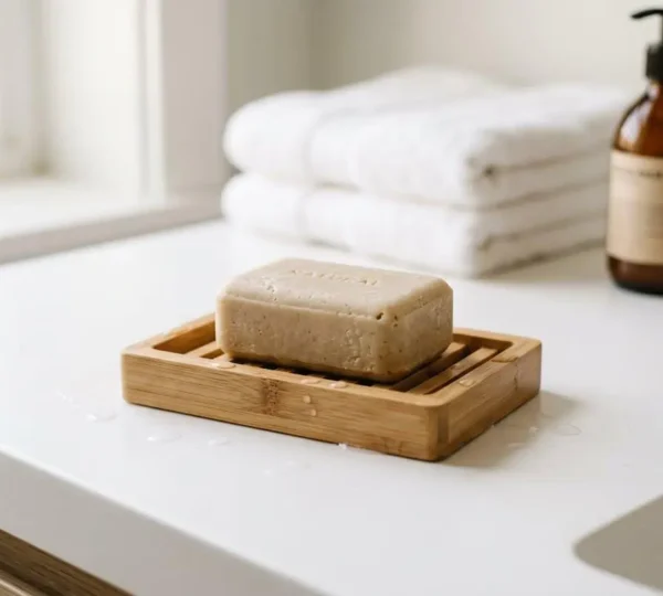 Shampooing solide artisanal beige posé sur porte-savon en bambou drainant, sur comptoir de salle de bain blanc minimaliste avec gouttes d'eau, lumière naturelle douce, arrière-plan flou avec serviettes blanches