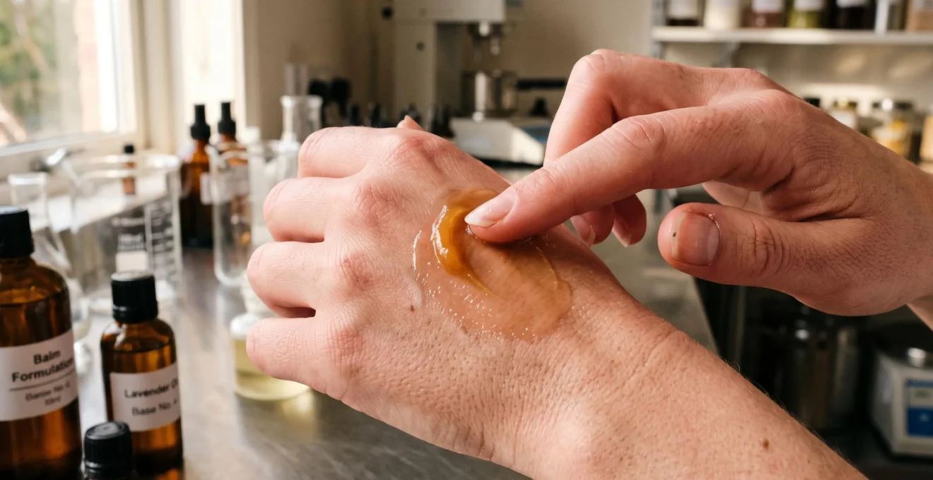 Un doigt étale un baume riche sur le dos d'une main au laboratoire.