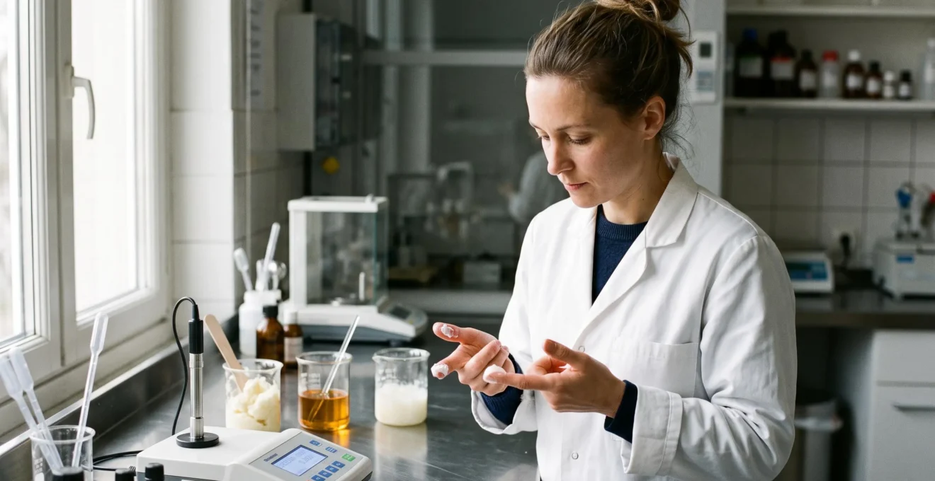 Une formulatrice compare la texture de deux crèmes entre ses doigts au laboratoire.